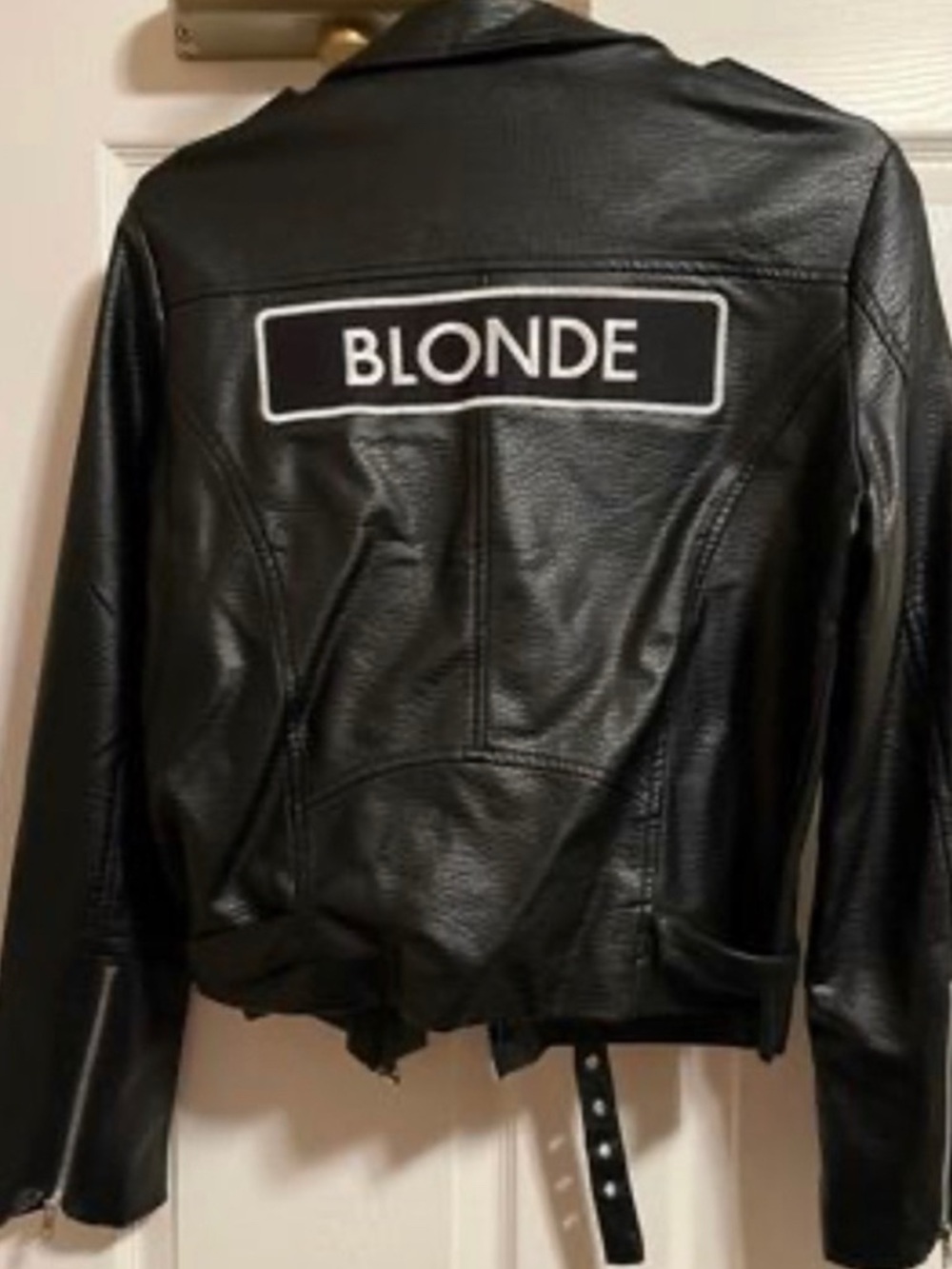 Brunette The Label Black Faux Leather Moto Jacket with 'BLONDE' Patch